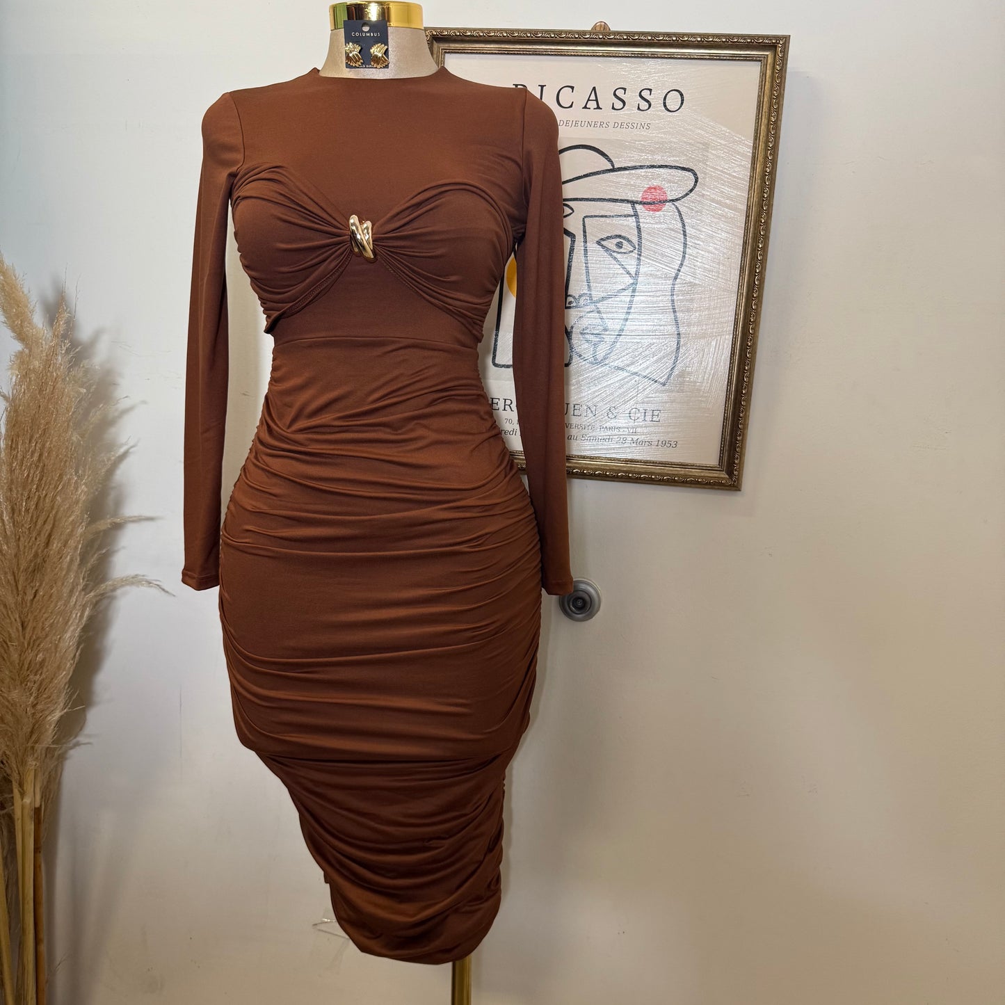 Long Sleeve Double Layered Midi Dress-Mocha