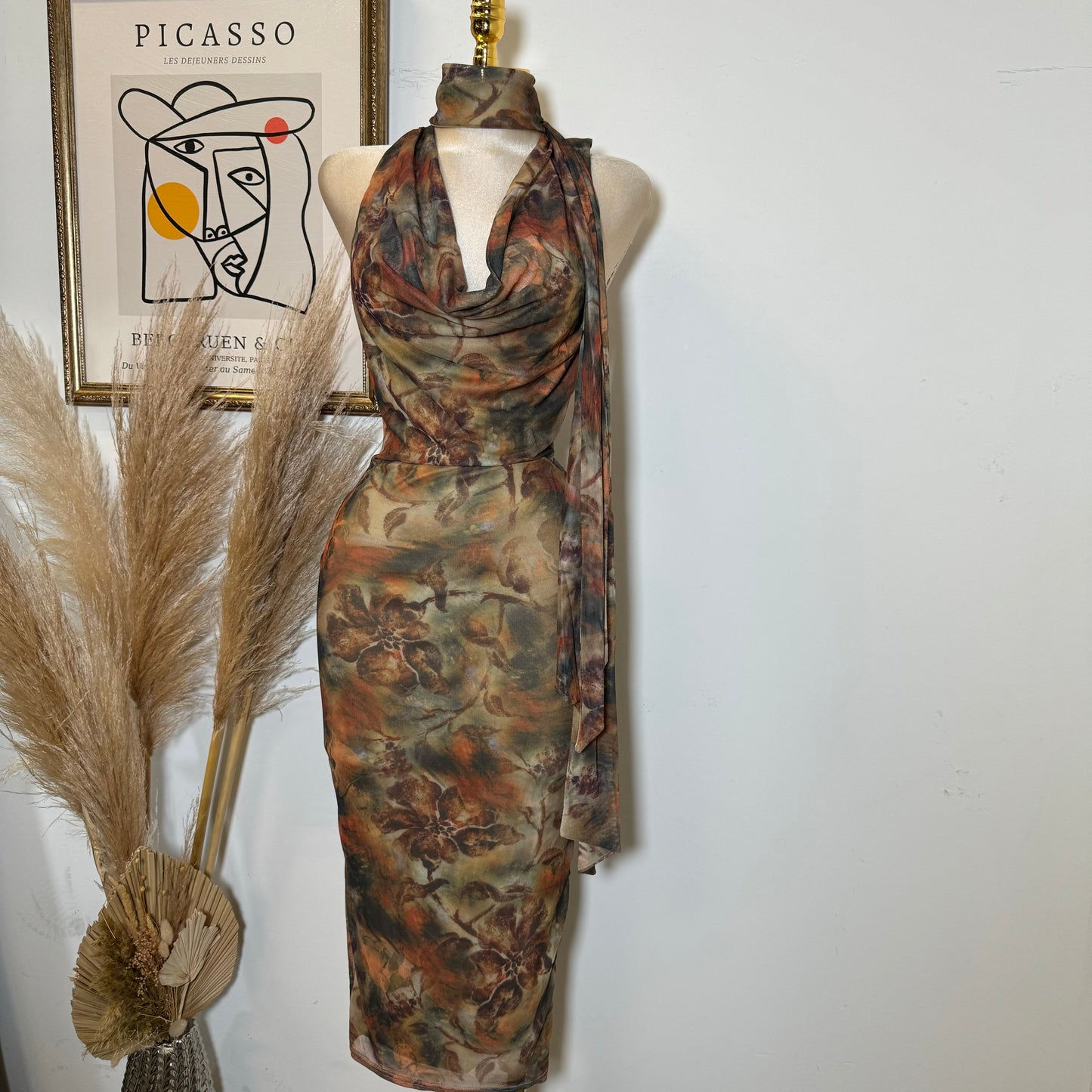 Mesh print Jersey Halter cowl Neck Midi Dress-Brown