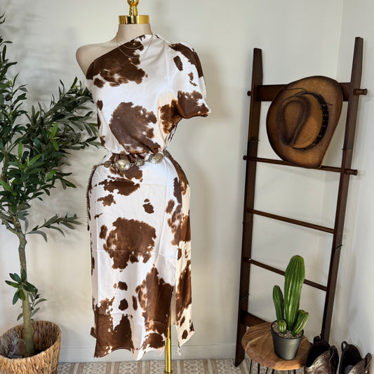 One shoulder Satin Cow Print Dress-Brown