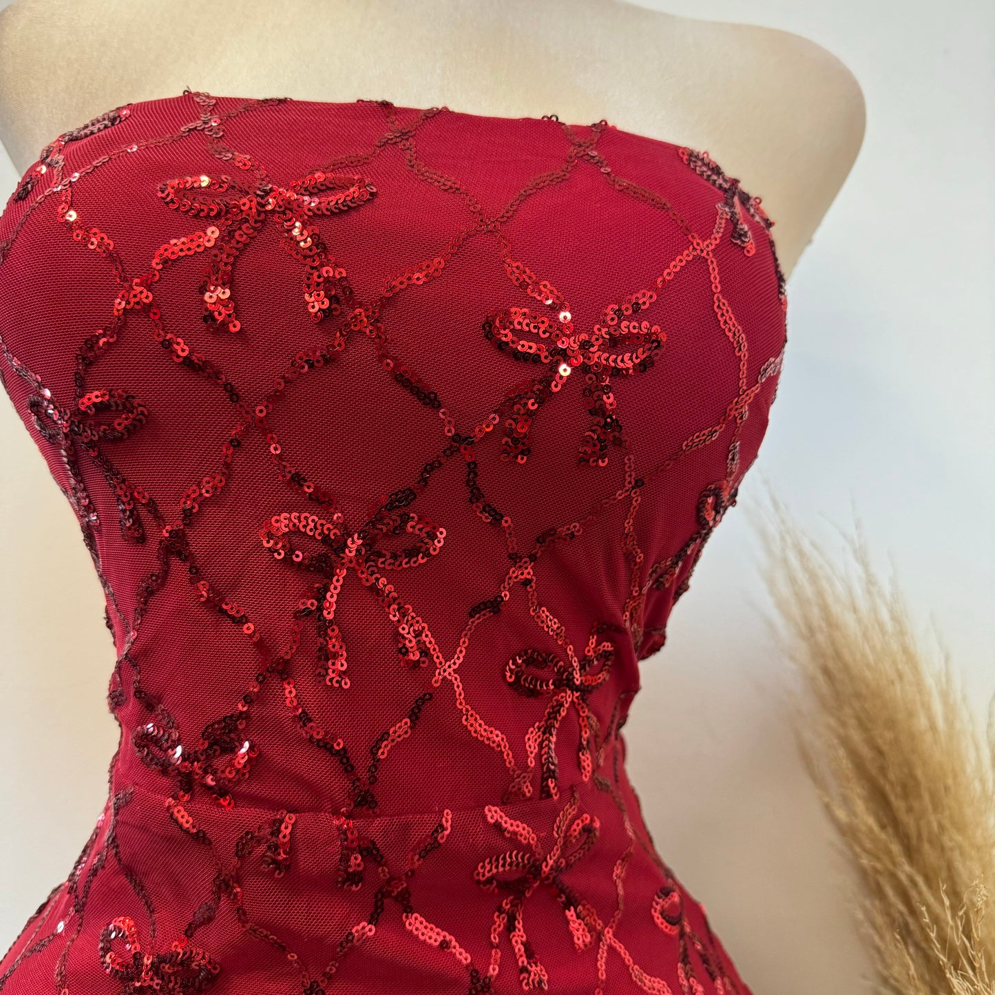 Bow Sequins Strapless Corset Dress-Red