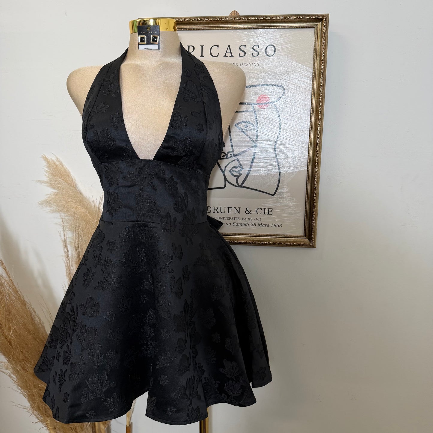 Satin Jacquard Halter neck Mini Dress-Black