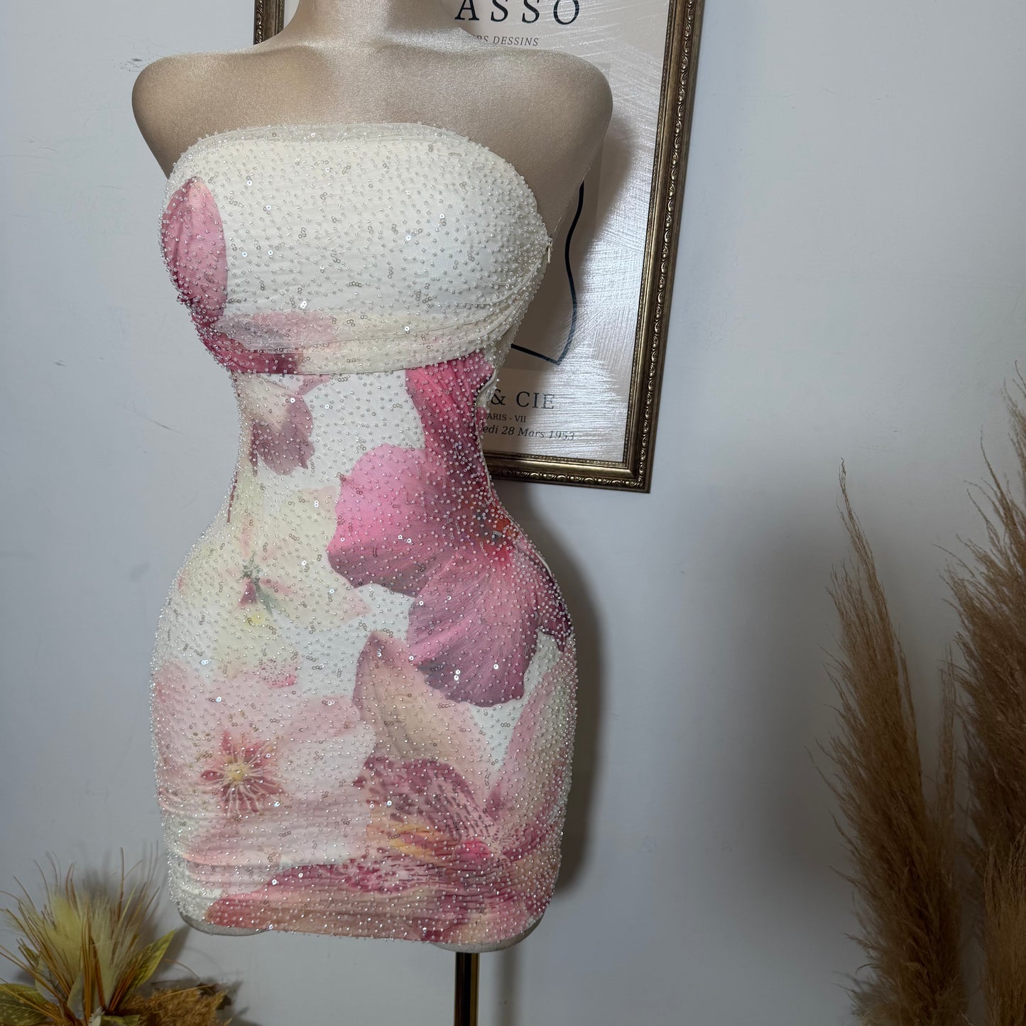 Tropicana Big flower Print Mesh W/ Beads Tube Mini Dress-Cream/Pink