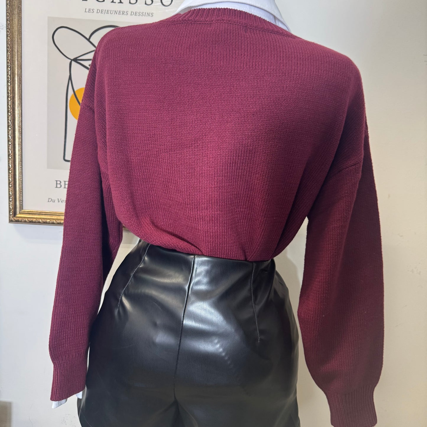 Teddy Jacquard Crew Neck Knit Pullover Sweater-Burgundy