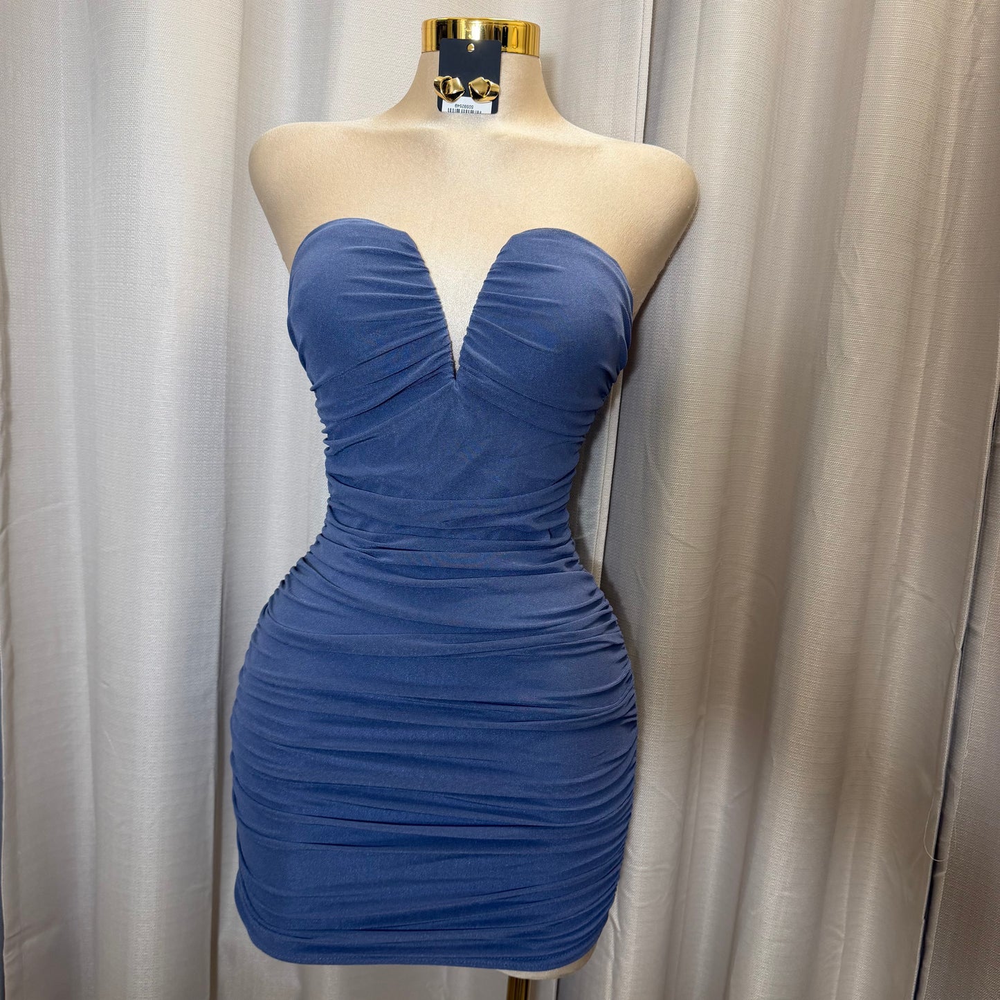 STRAPLESS RUCHED MESH MINI DRESS-peri Blue