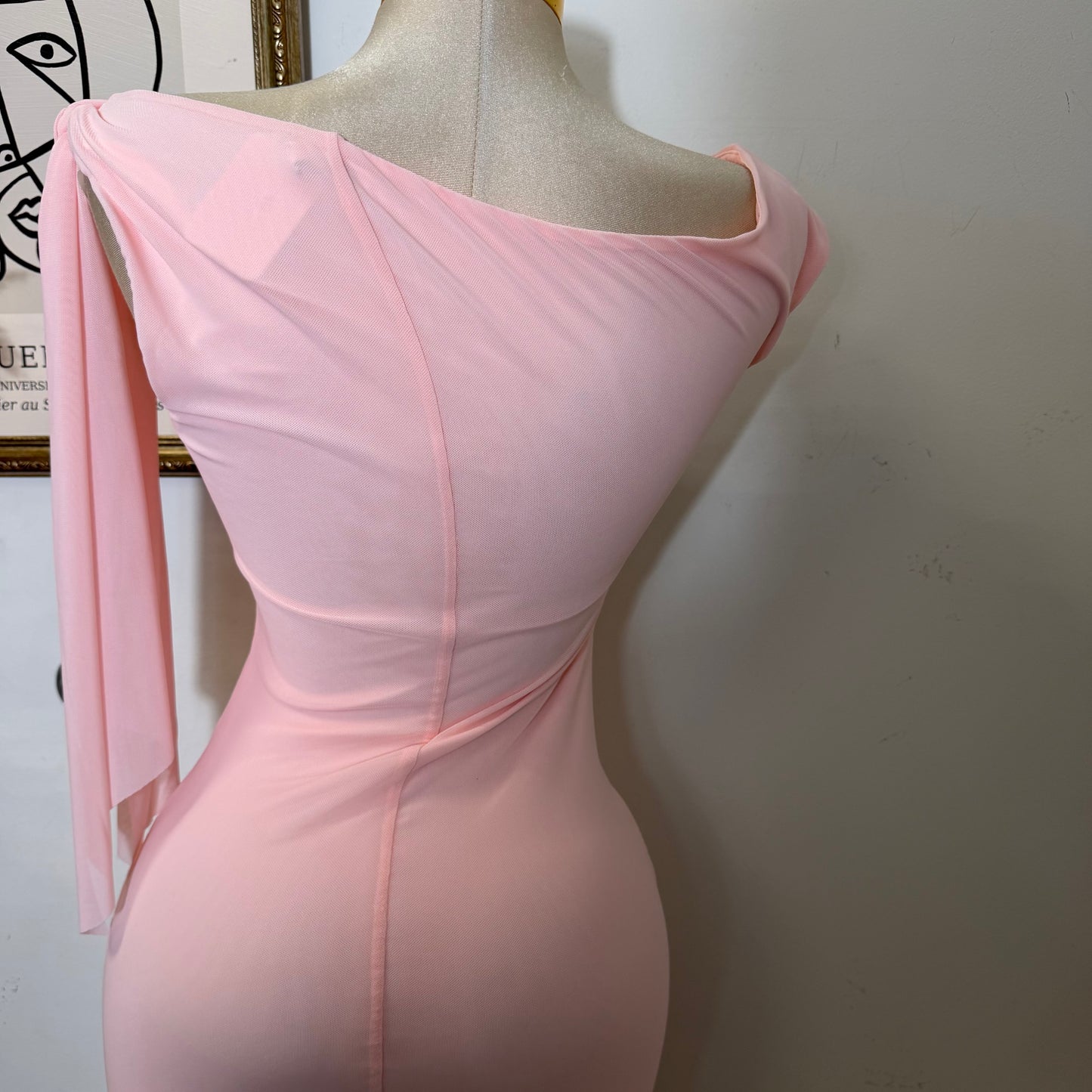 One shoulder Tie Midi Dress-Light Pink