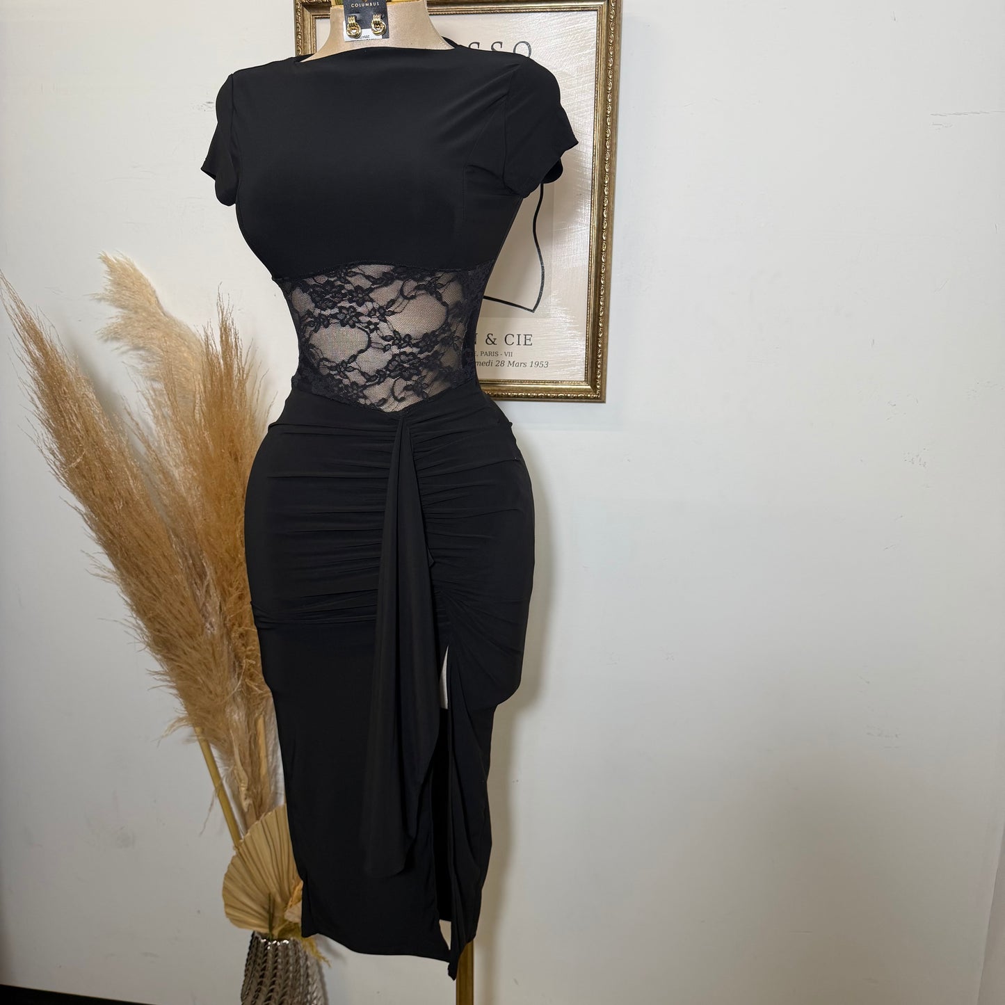 Lace Waist Contrast Midi Dress-Black