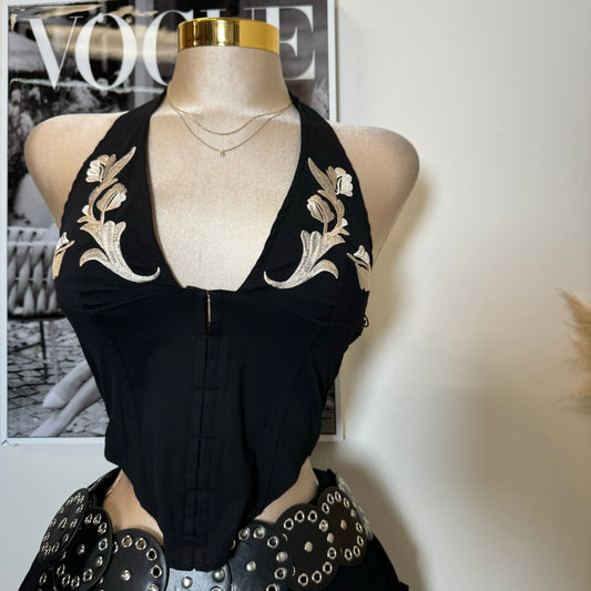 Maisie Western Embroidered Halter Top-Black