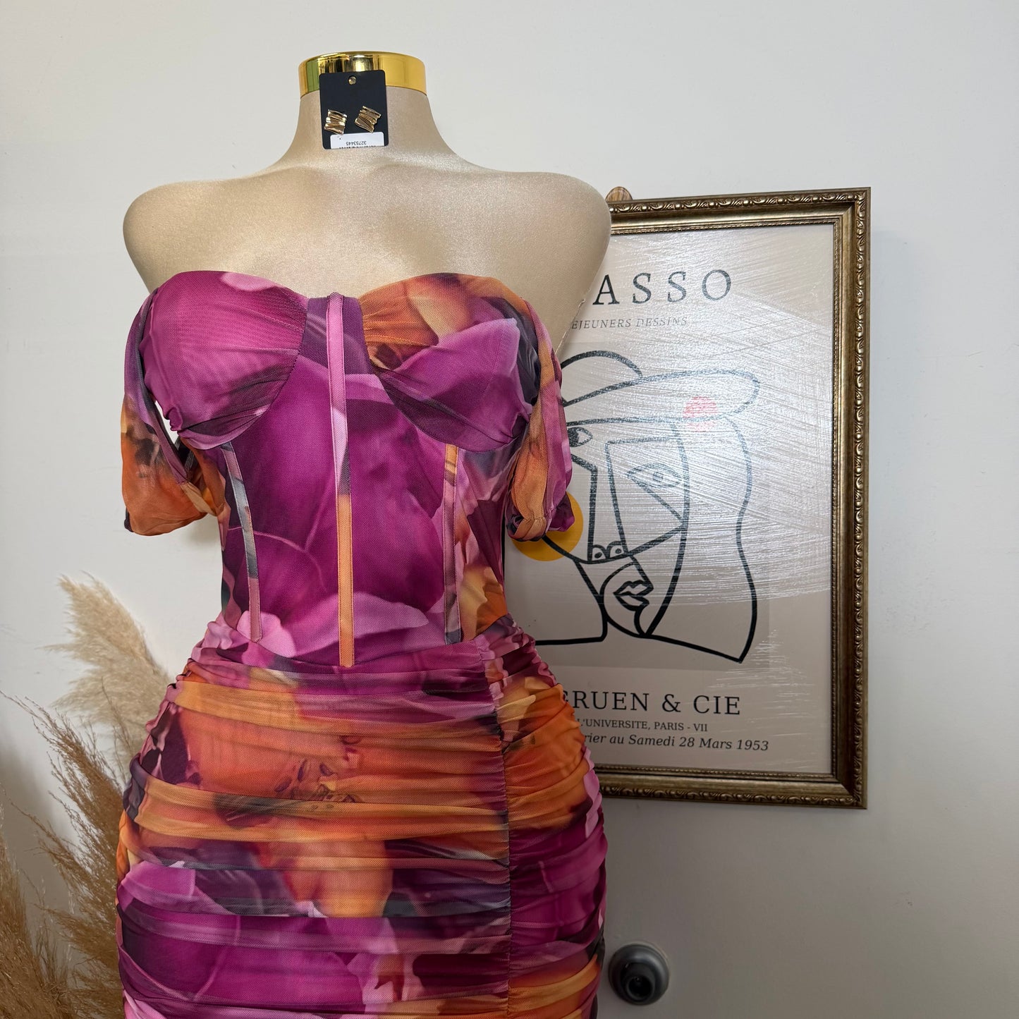 Floral Ruched Off Shoulder Maxi Dress with high slit-Mauve/Pink