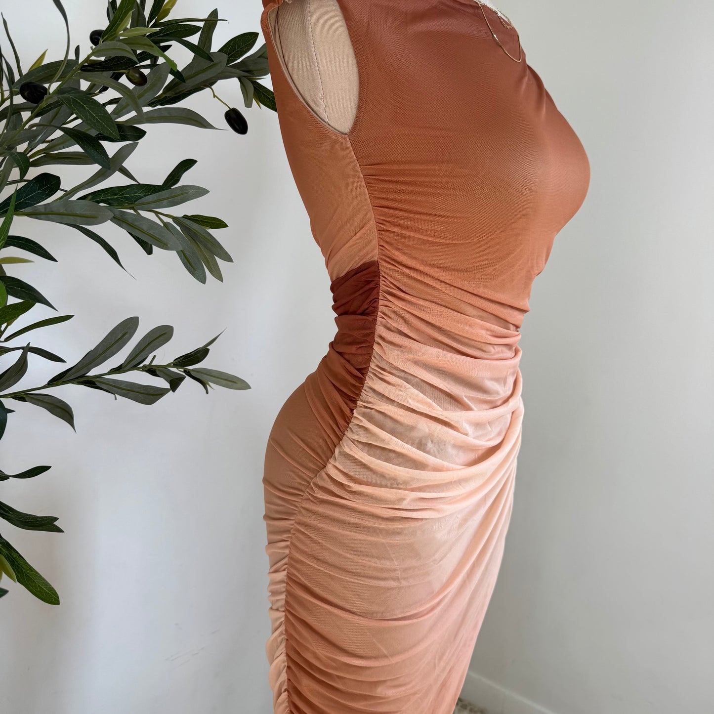Ombré Mesh Print Asymmetrical Draped Mini Dress-Sunset