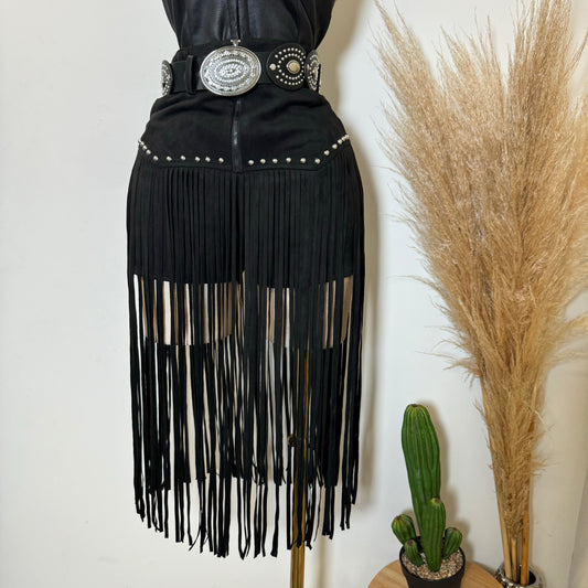 Fringe Stud Suede Shorts-Black