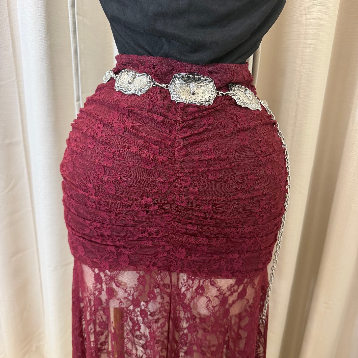 Lace Open slit Maxi Skirt-burgundy