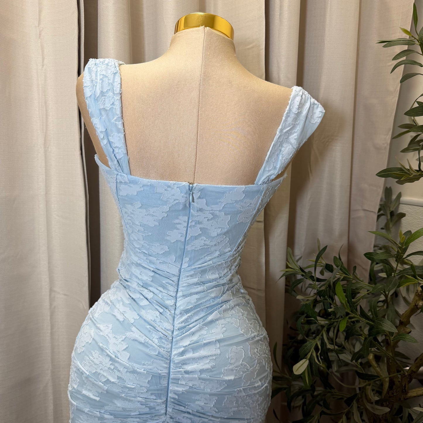 Off Shoulder Ruched Maxi Dress-Baby Blue
