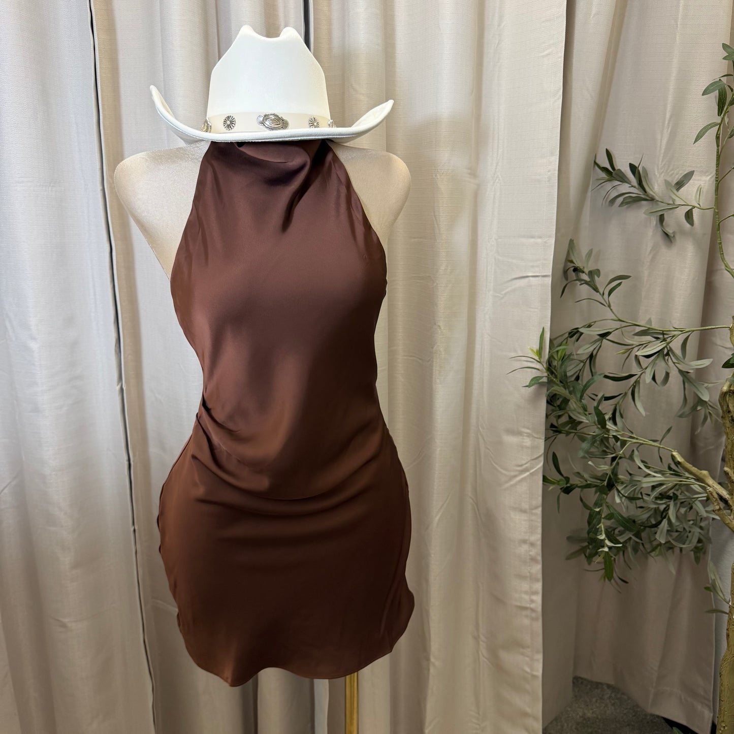 Satin Cowl Halter Neck Dress-Brown