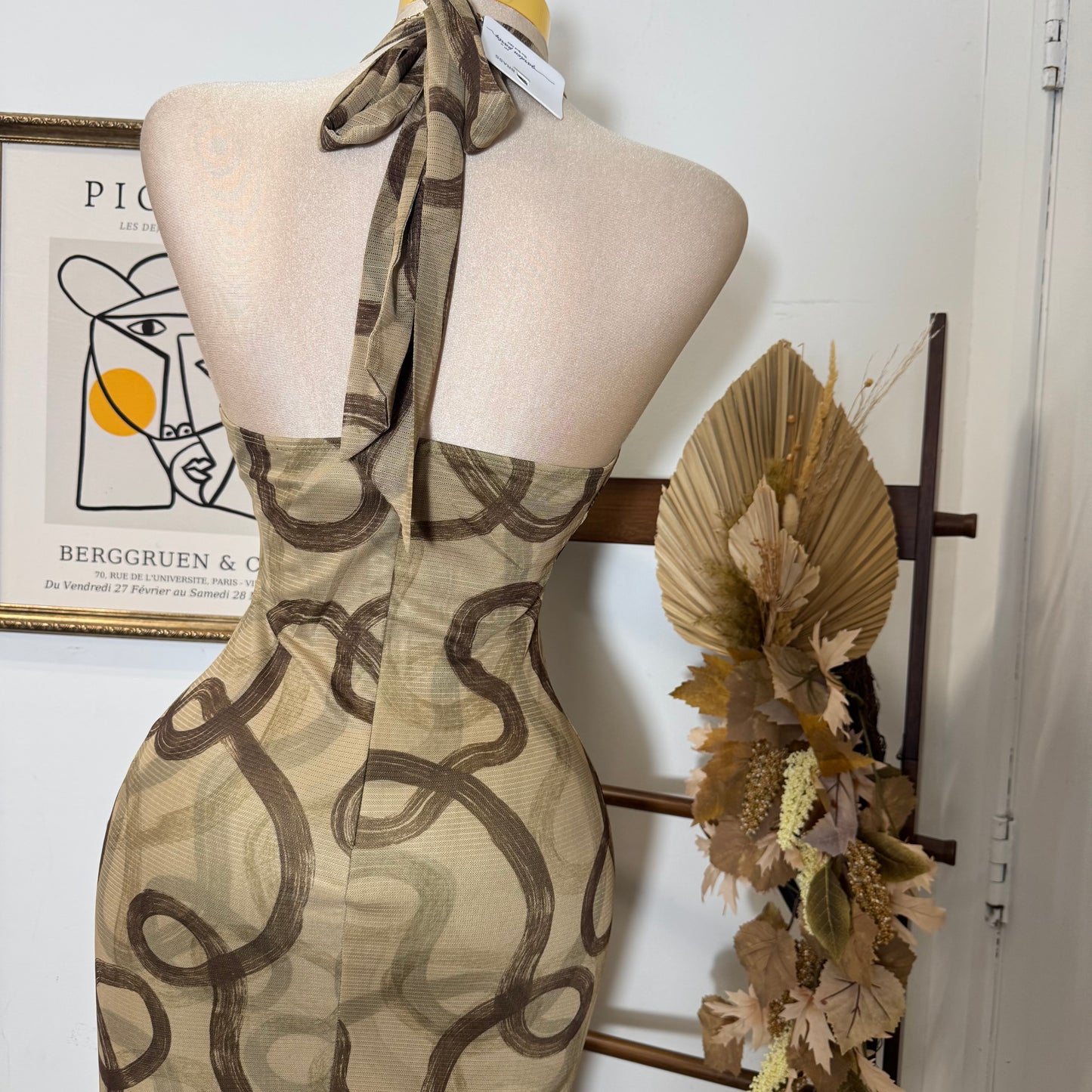 Halter Midi Print Dress-Olive Brown