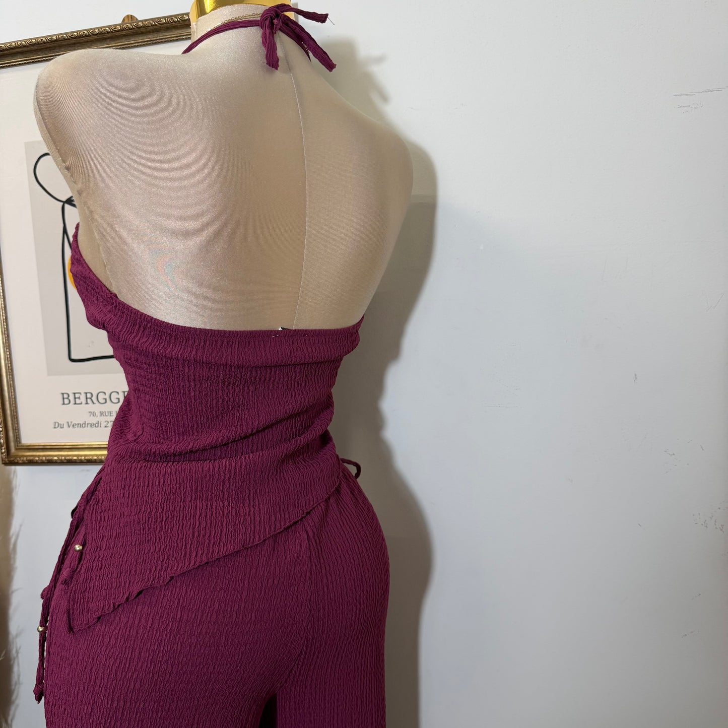 Asymmetrical hem Halter Top Wide leg Set-Berry