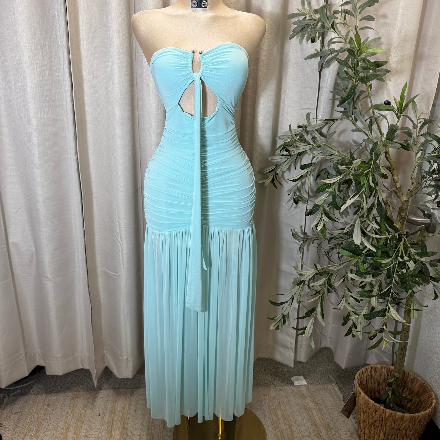 Tube Mesh Maxi Dress With front keyhole and tie Detail-Aqua