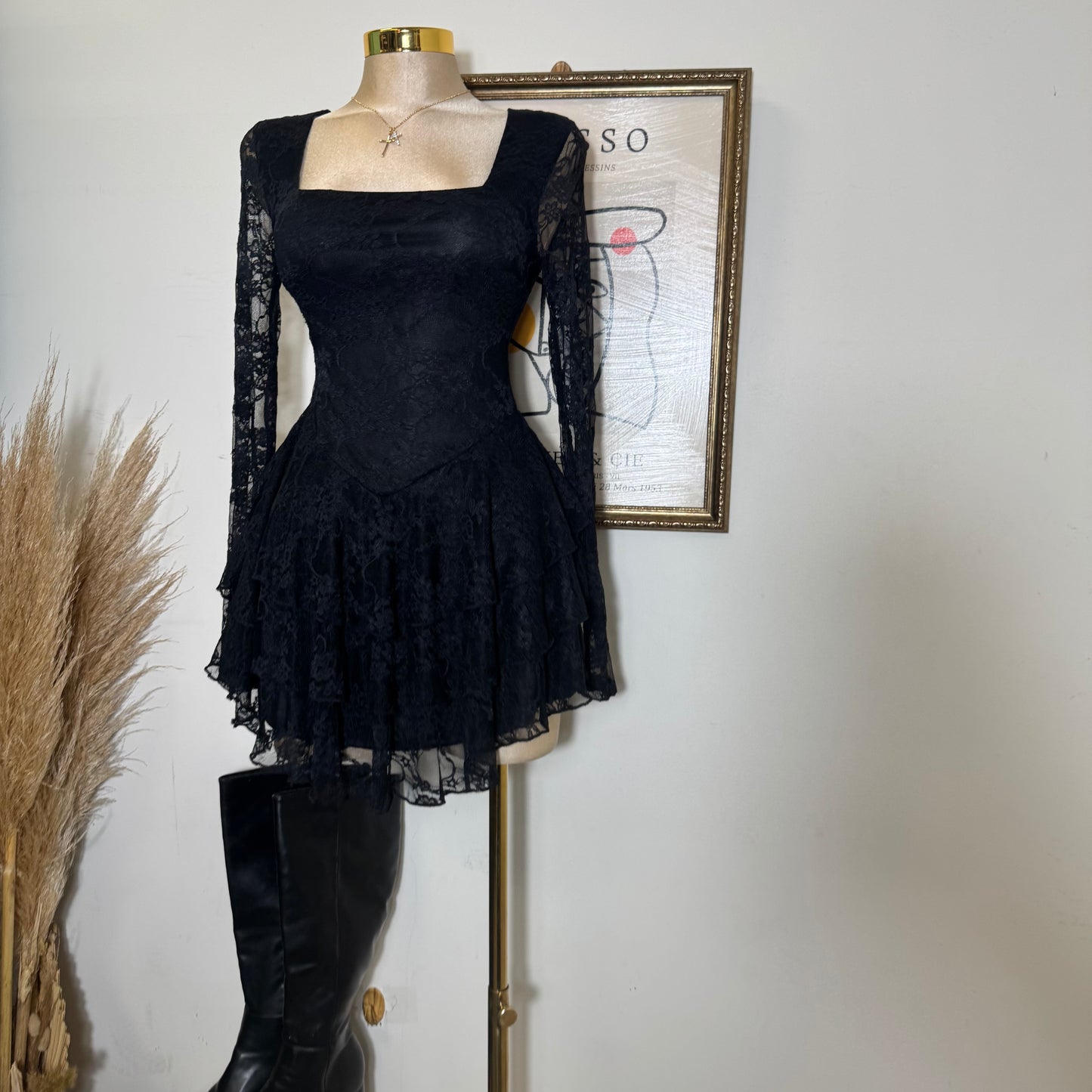 Lace Long Sleeve Ruffle Layered Mini Dress-Black