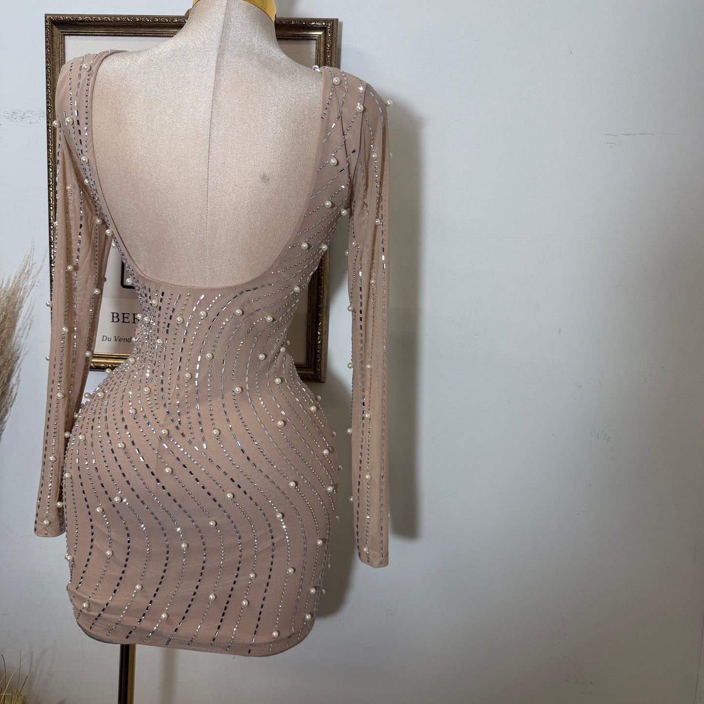 Rhinestone Trim Wave Pearl On Power Mesh Mini Dress-Nude