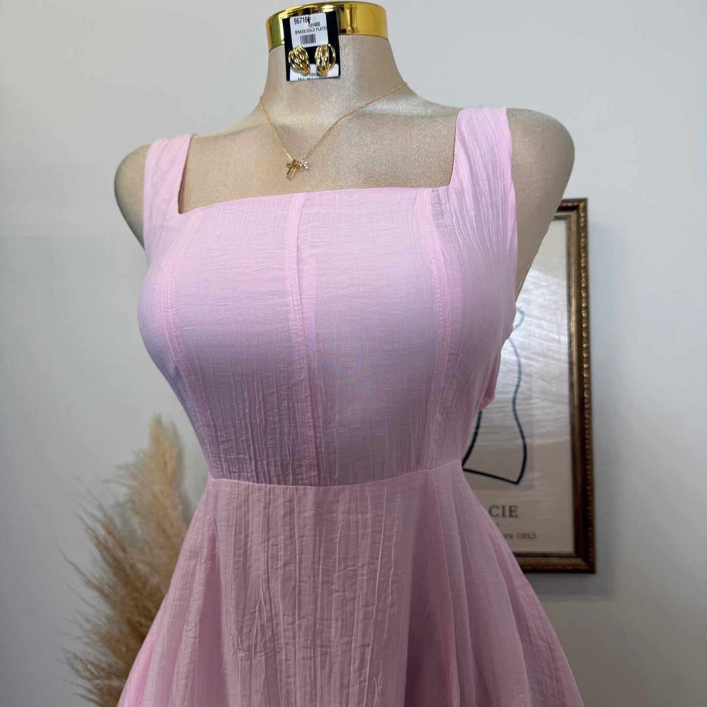 Square Neck Midi Dress-Pink