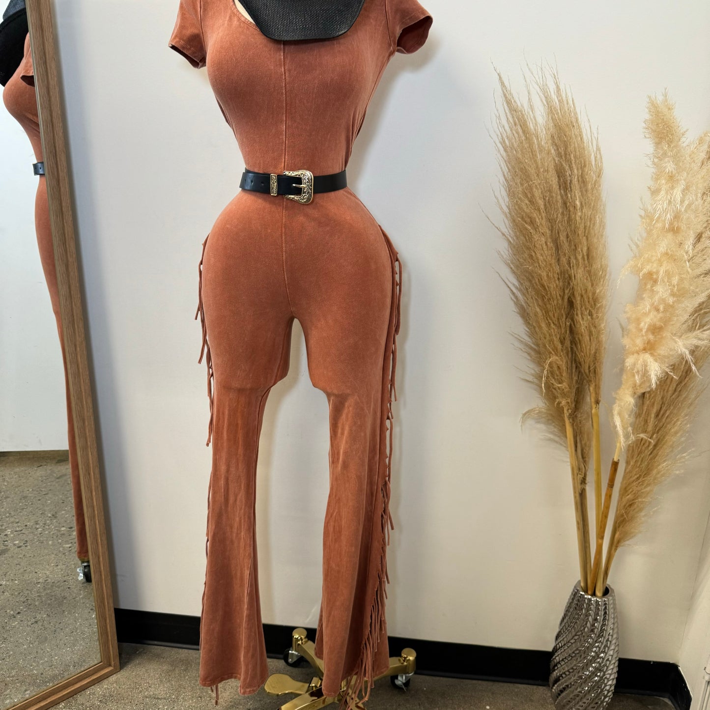 Fringe Jumpsuit-Rust