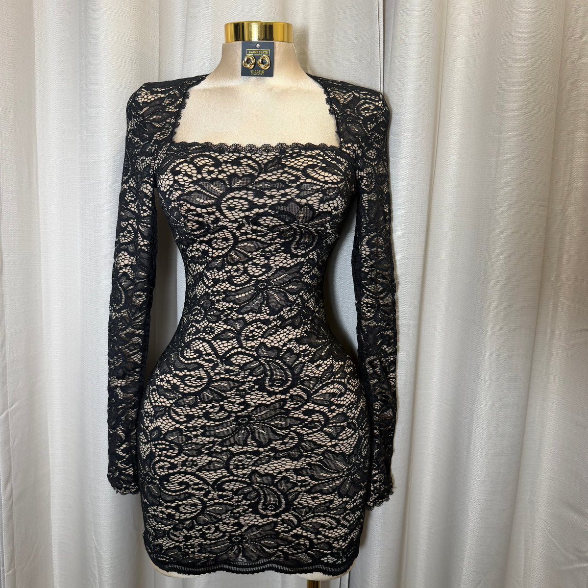 Square Neck Long Sleeve Lace Mini Dress-Black/Nude