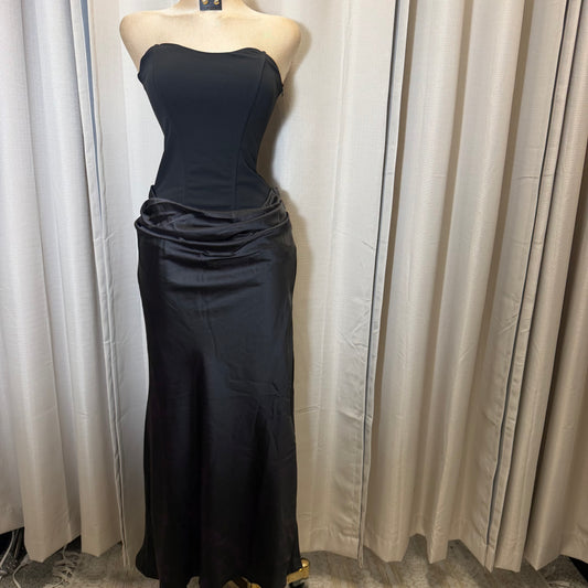 Satin Strapless Sweetheart Neckline Cowl Hip lace Maxi Dress-Black