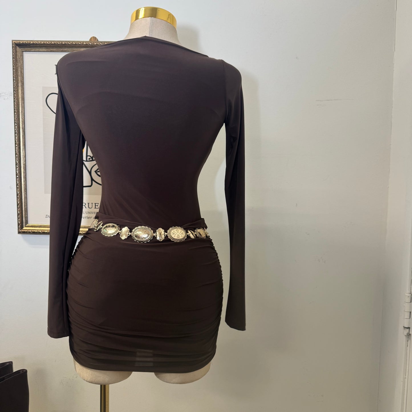 Long Sleeve Ruched Mini Dress-Brown