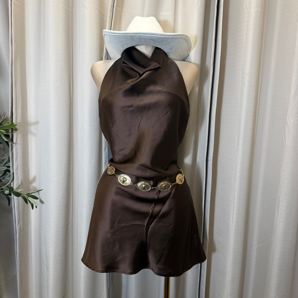 Halter Satin Mini Dress-Brown