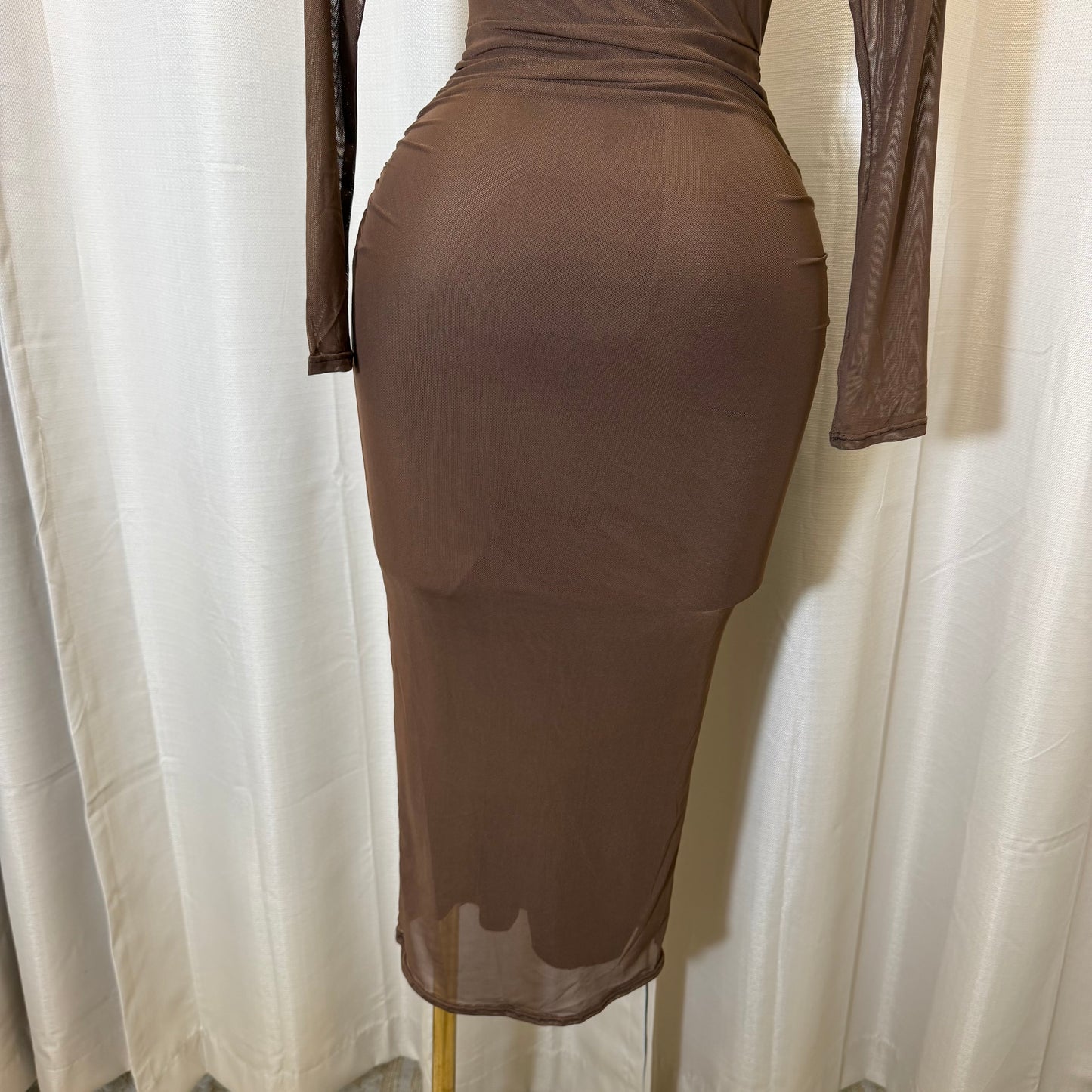 Front Trim mesh Midi dress-Brown