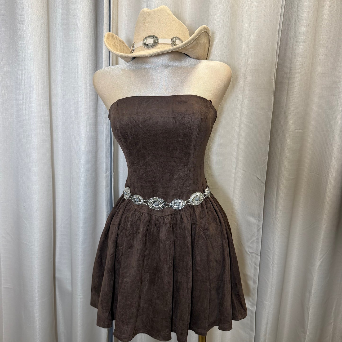 Suede Strapless Tube Mini Dress-Brown