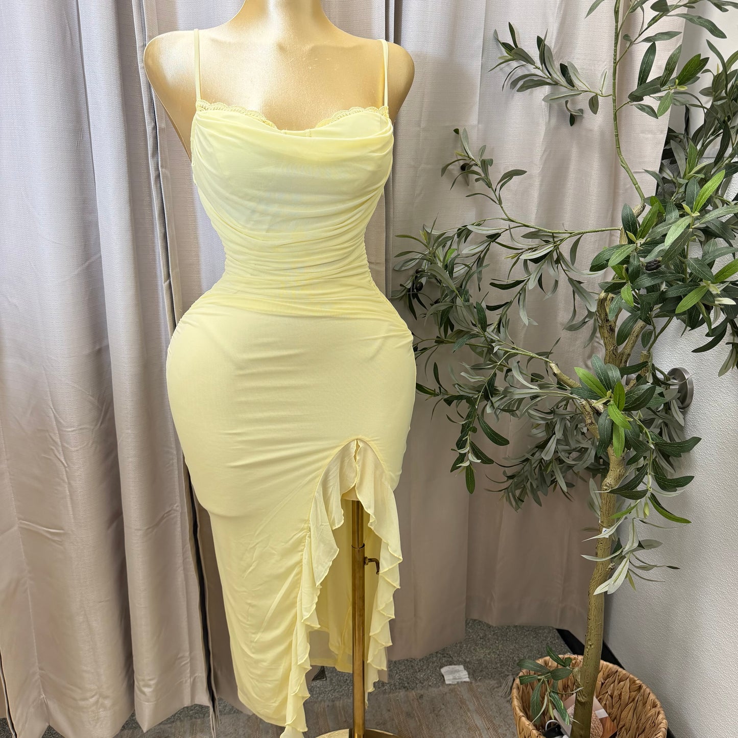 Mesh draped Slit Midi Dress-butter yellow