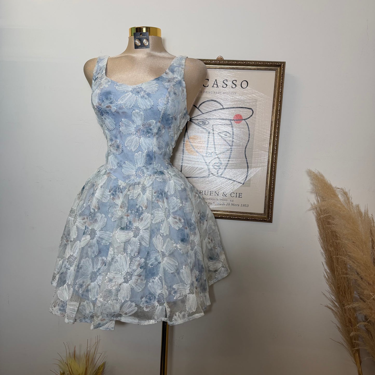 Flower Textured A line Mini Dress-Blue