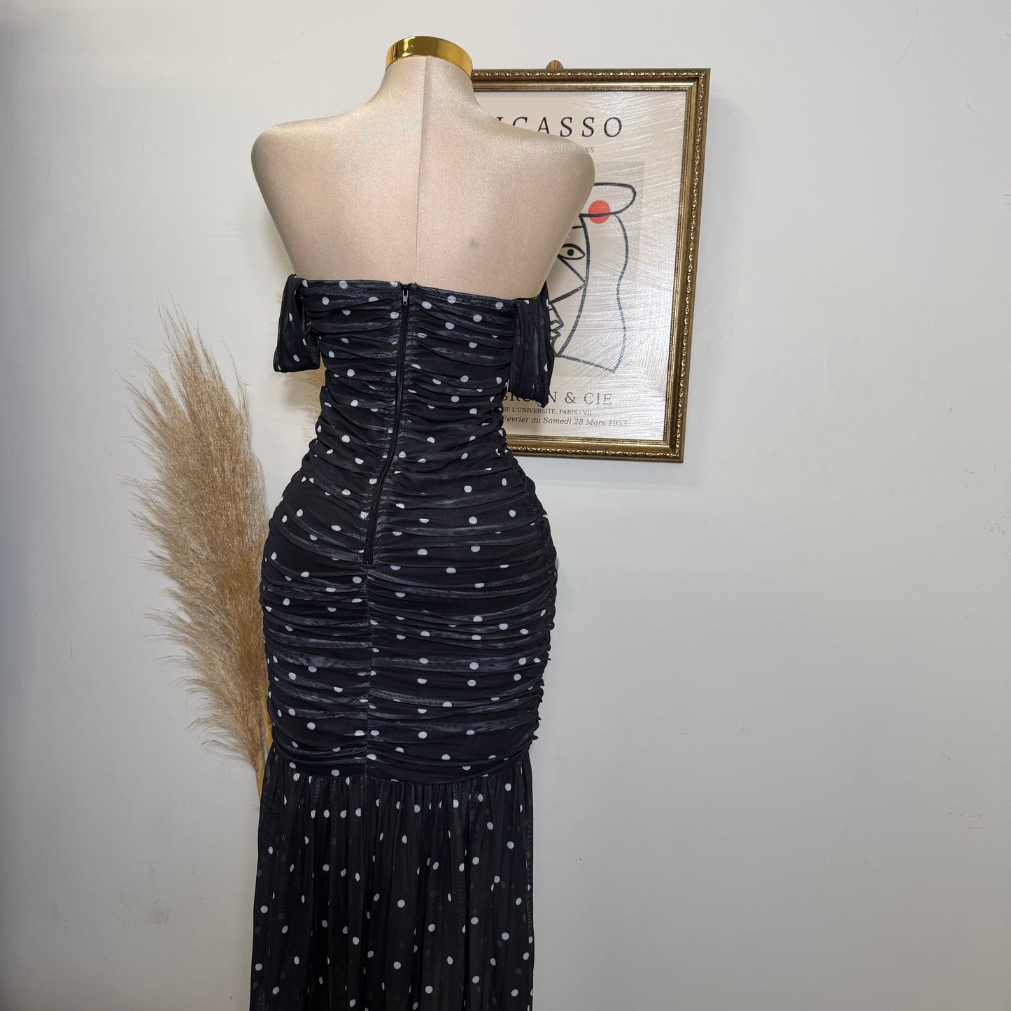 Polka Dot off shoulder Ruched Midi Dress-Black and White