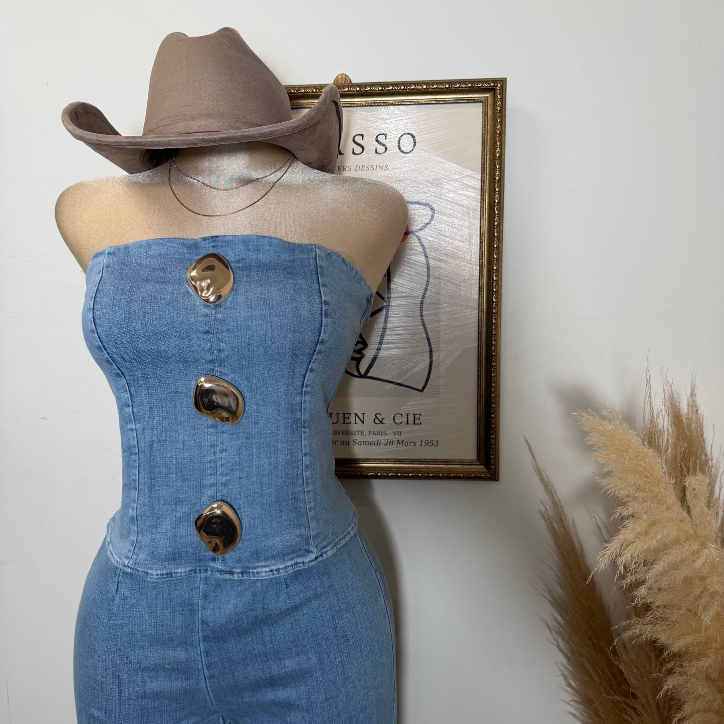 Strapless Denim Pant Set-Light Blue
