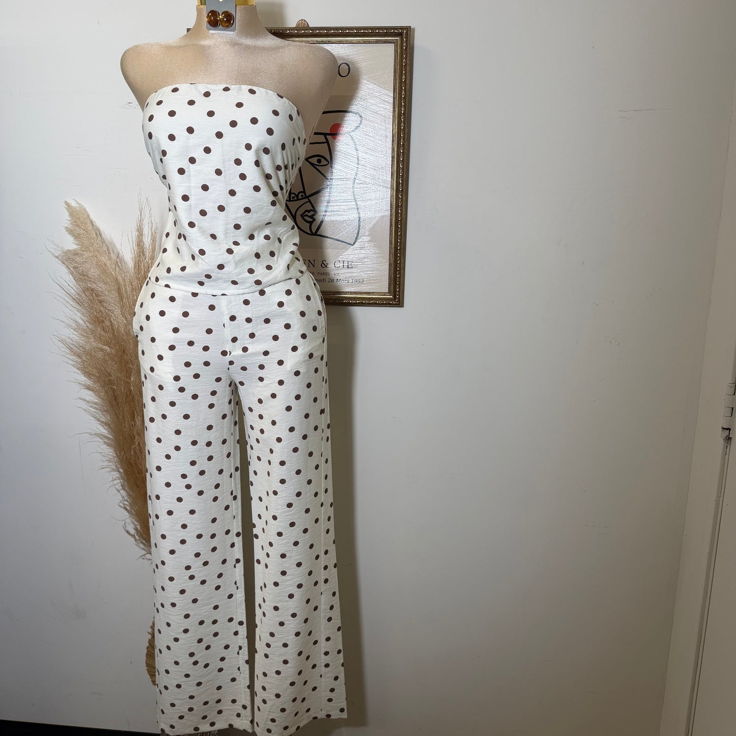 Polka Dot Strapless Wide leg Pant set-Ivory