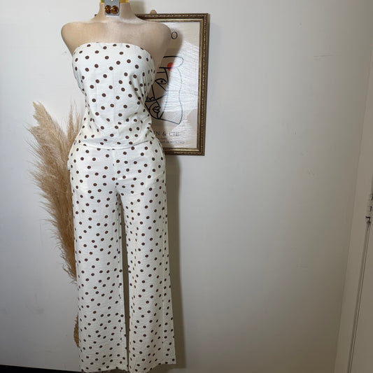 Polka Dot Strapless Wide leg Pant set-Ivory