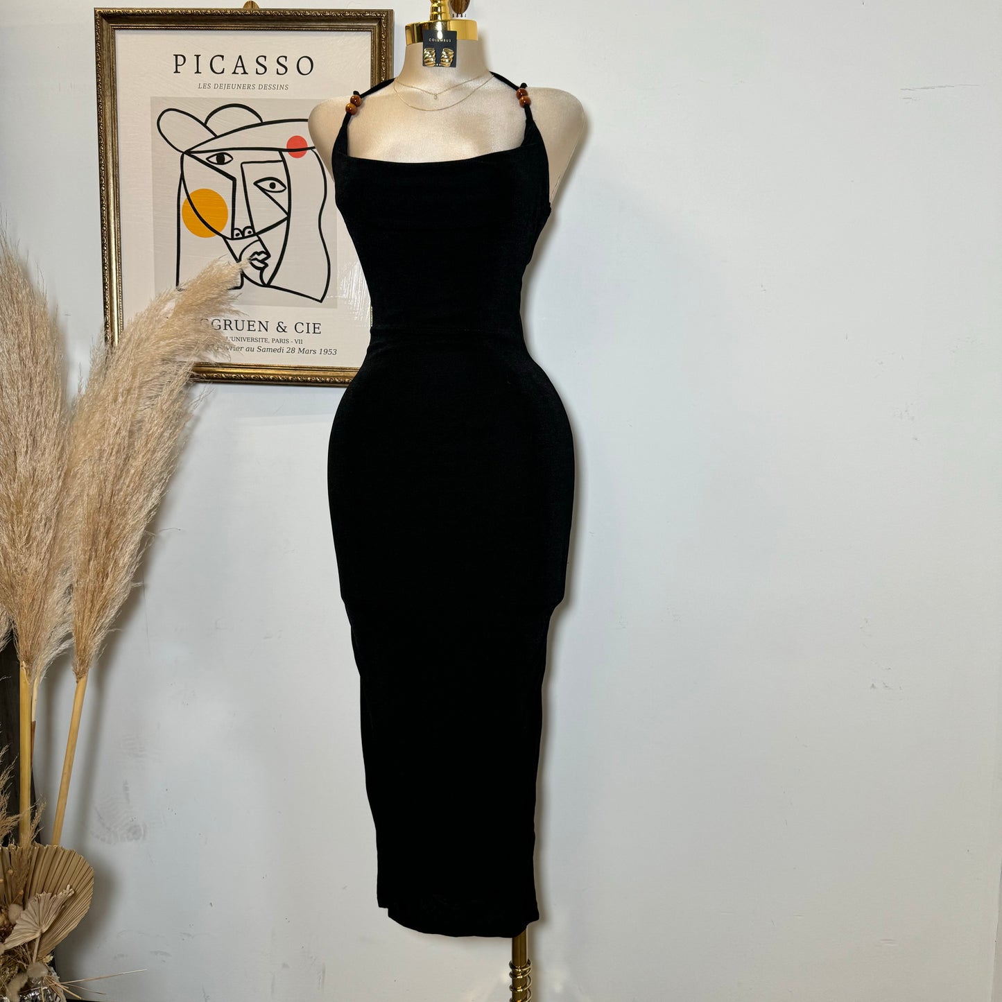 Slinky Cawl Neck Beads Detail Maxi Dress-black