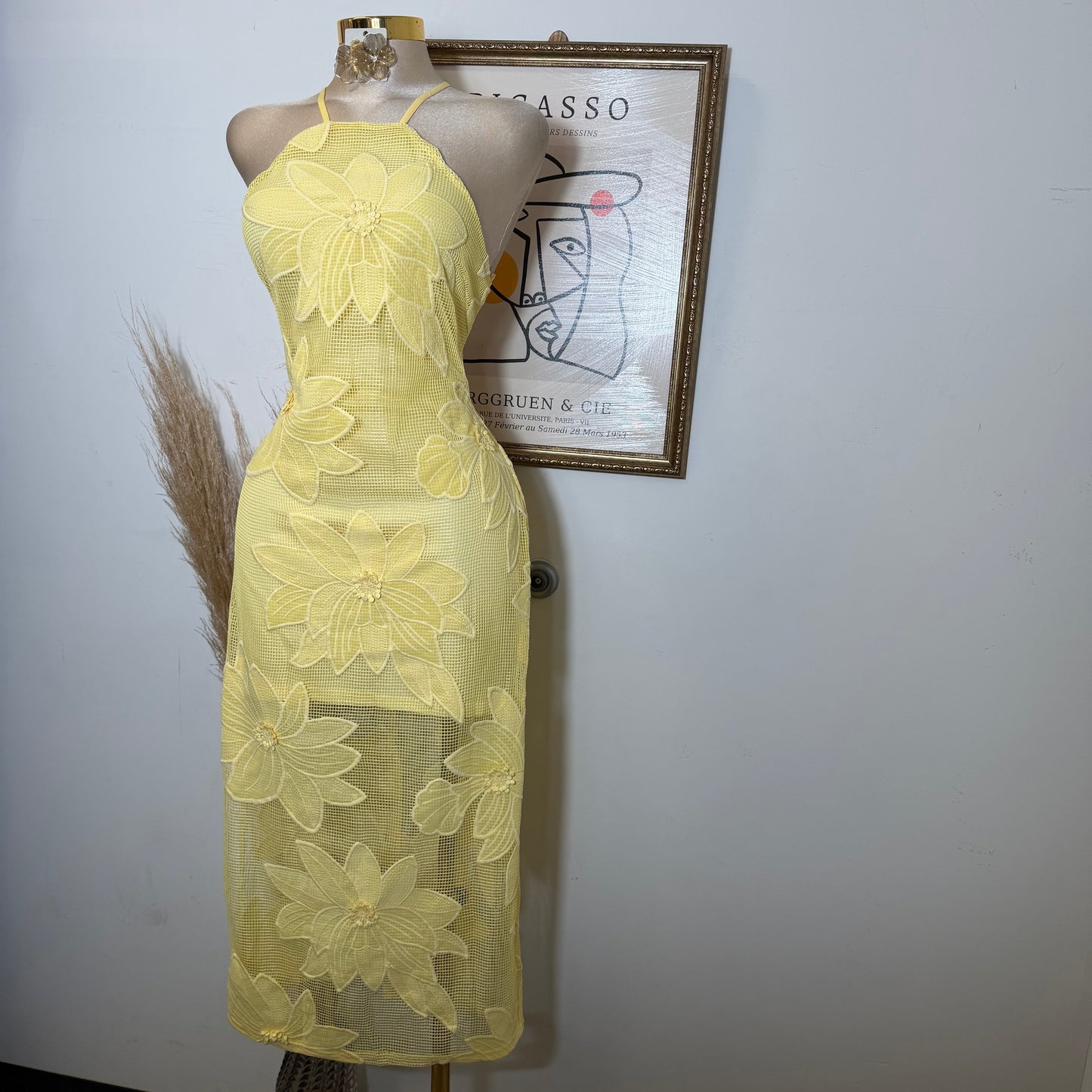 Halter Neck with Lace up back Midi Dress- Yellow