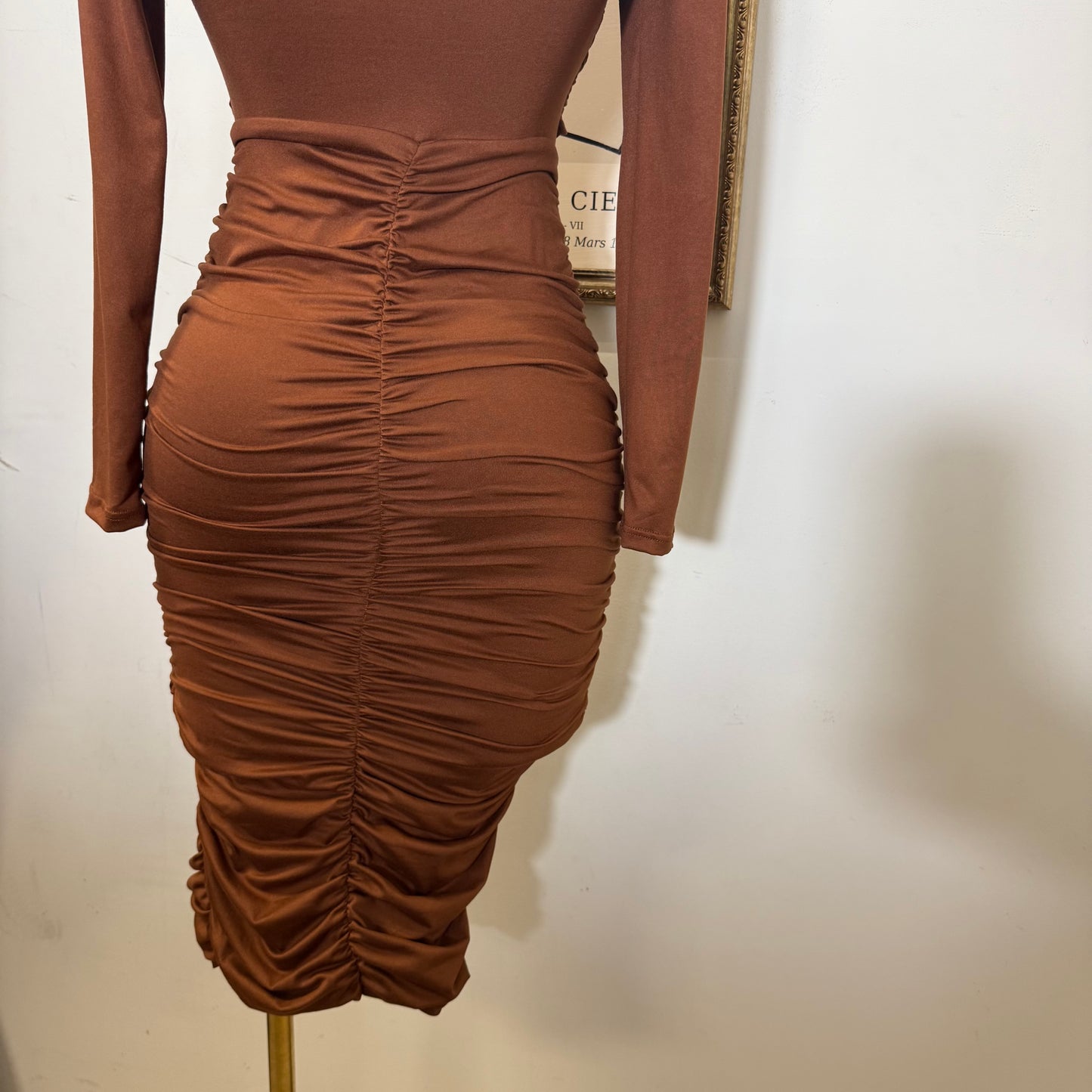 Long Sleeve Double Layered Midi Dress-Mocha