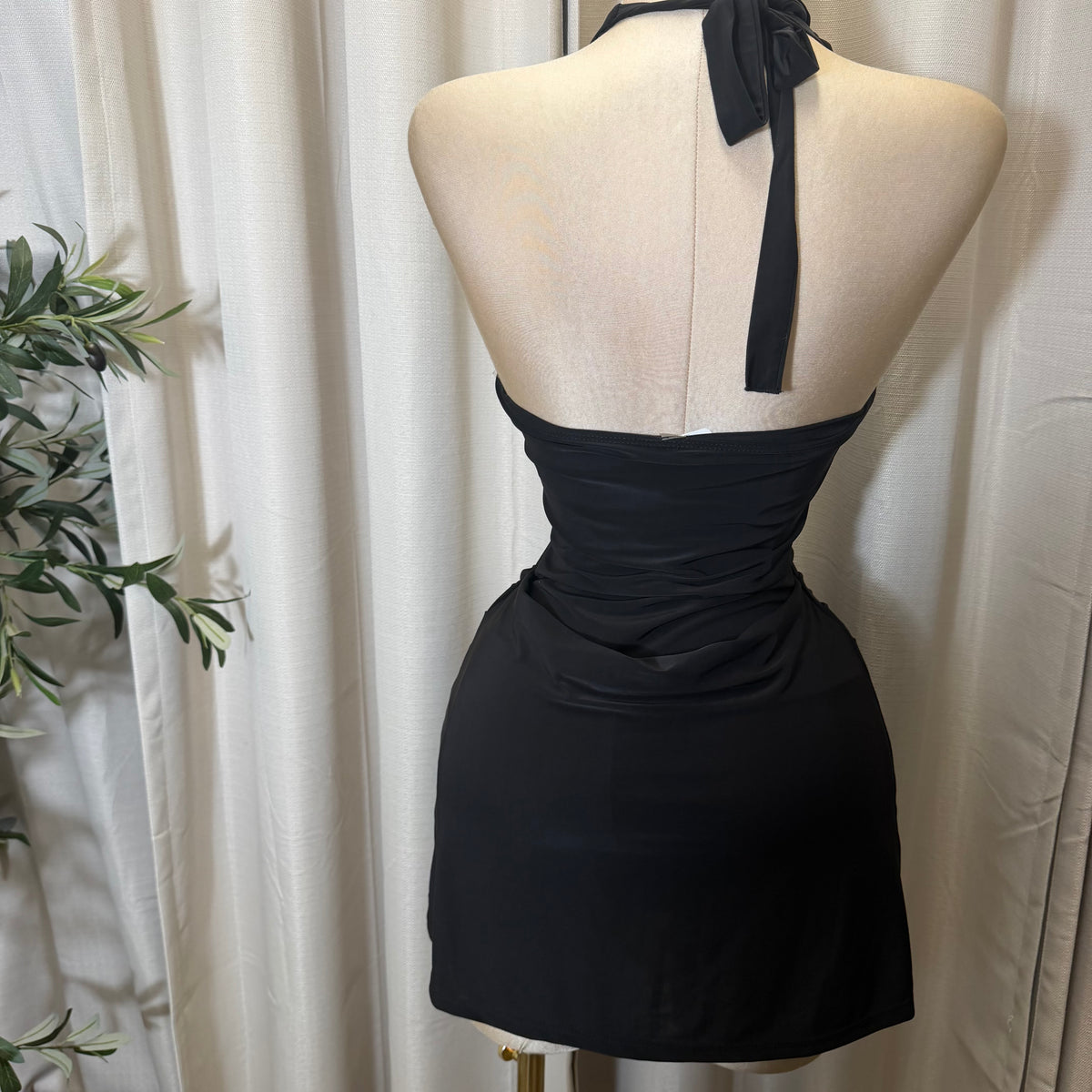 Halter Neckline Cowl Skirt Mini Dress-Black
