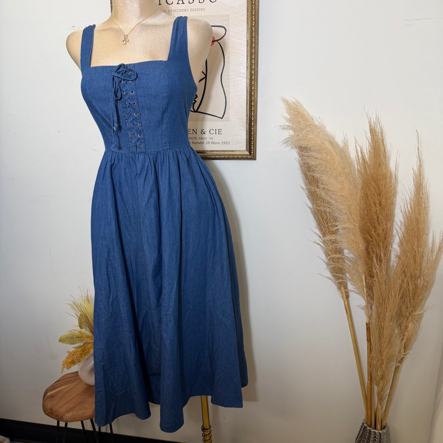 PL-Lace up Midi Dress-Blue