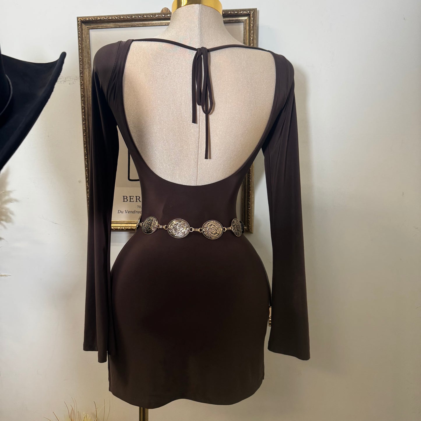 Long Bell Sleeveless Open Back Slits Mini Dress-Brown