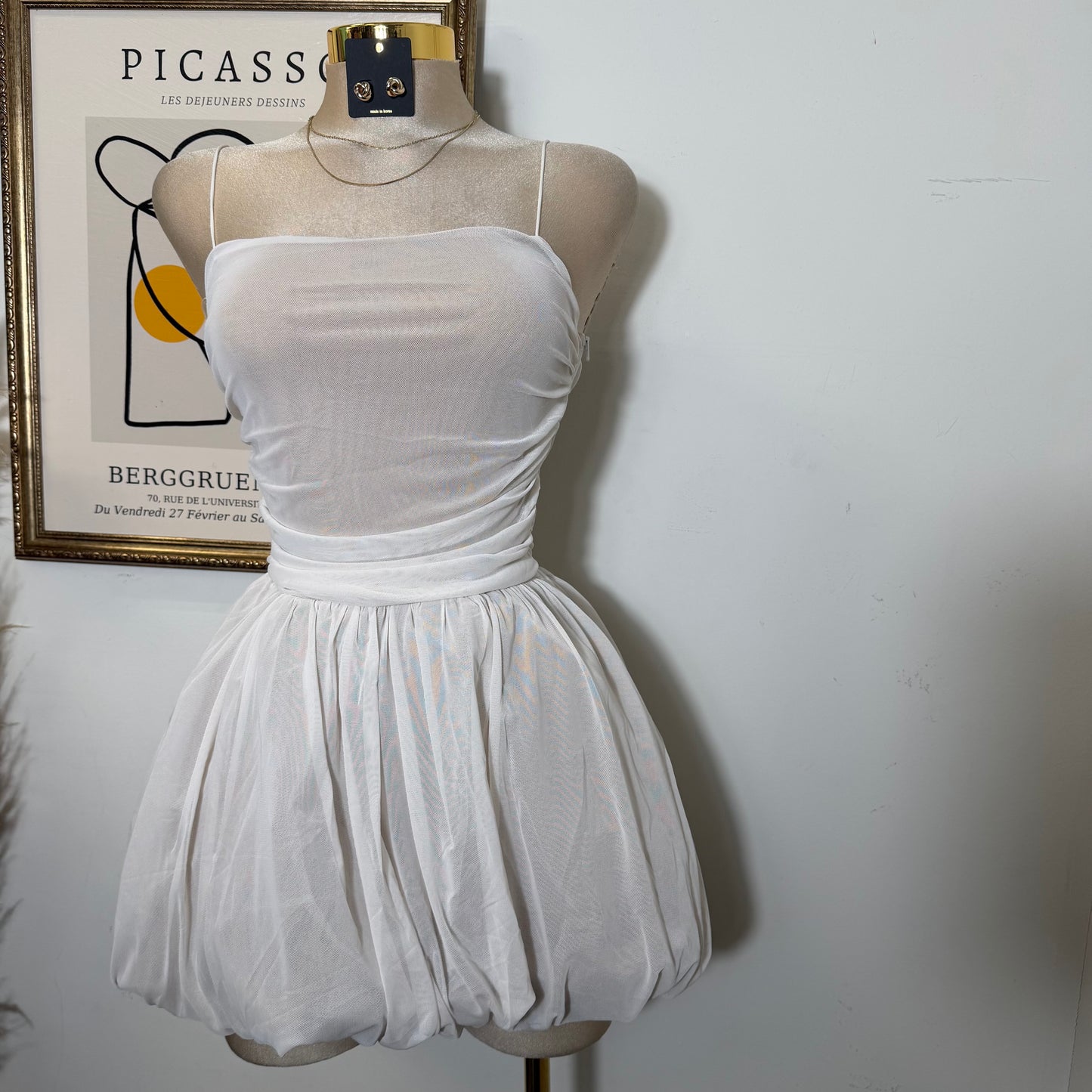 Ballon Mesh Mini Dress-Ivory