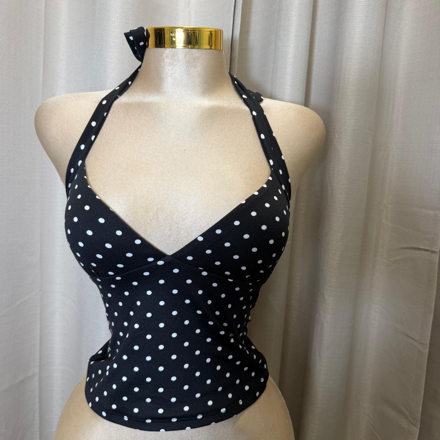 Sleeveless Halter Polka Dot Crop Top-Black/White