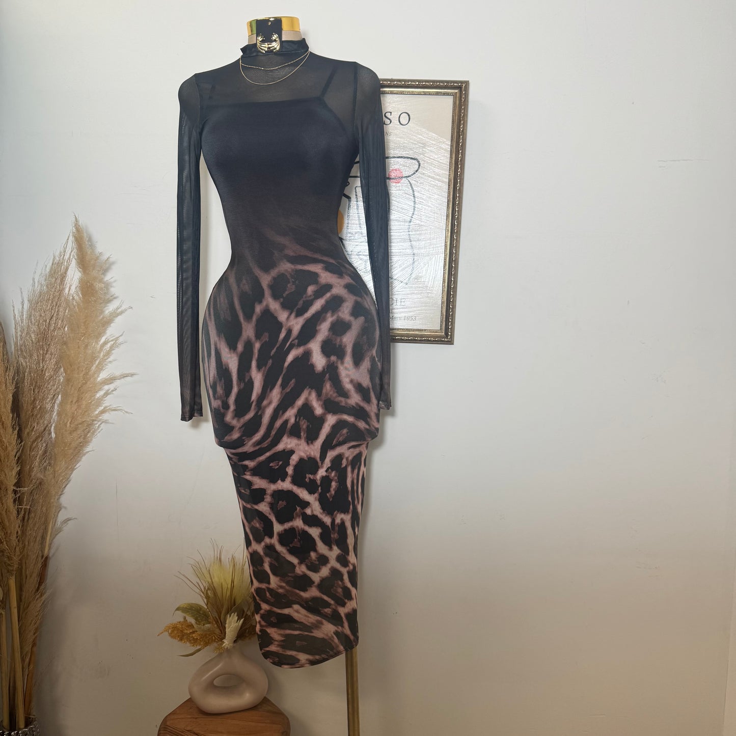 Animal Ombré Midi Mesh Dress-Black/Brown