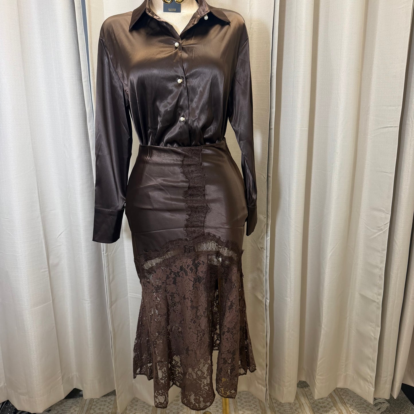 Satin Long Sleeve Top with Lace Skirt-Brown