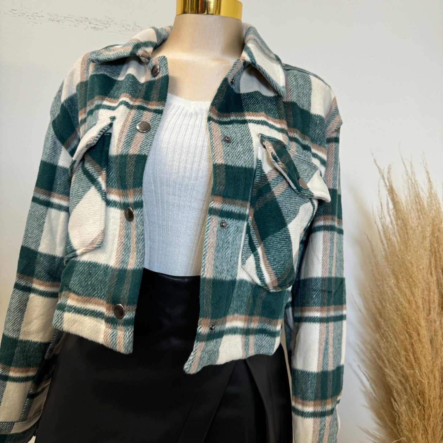 Aisha Crop Plaid Jacket-Hunter Green