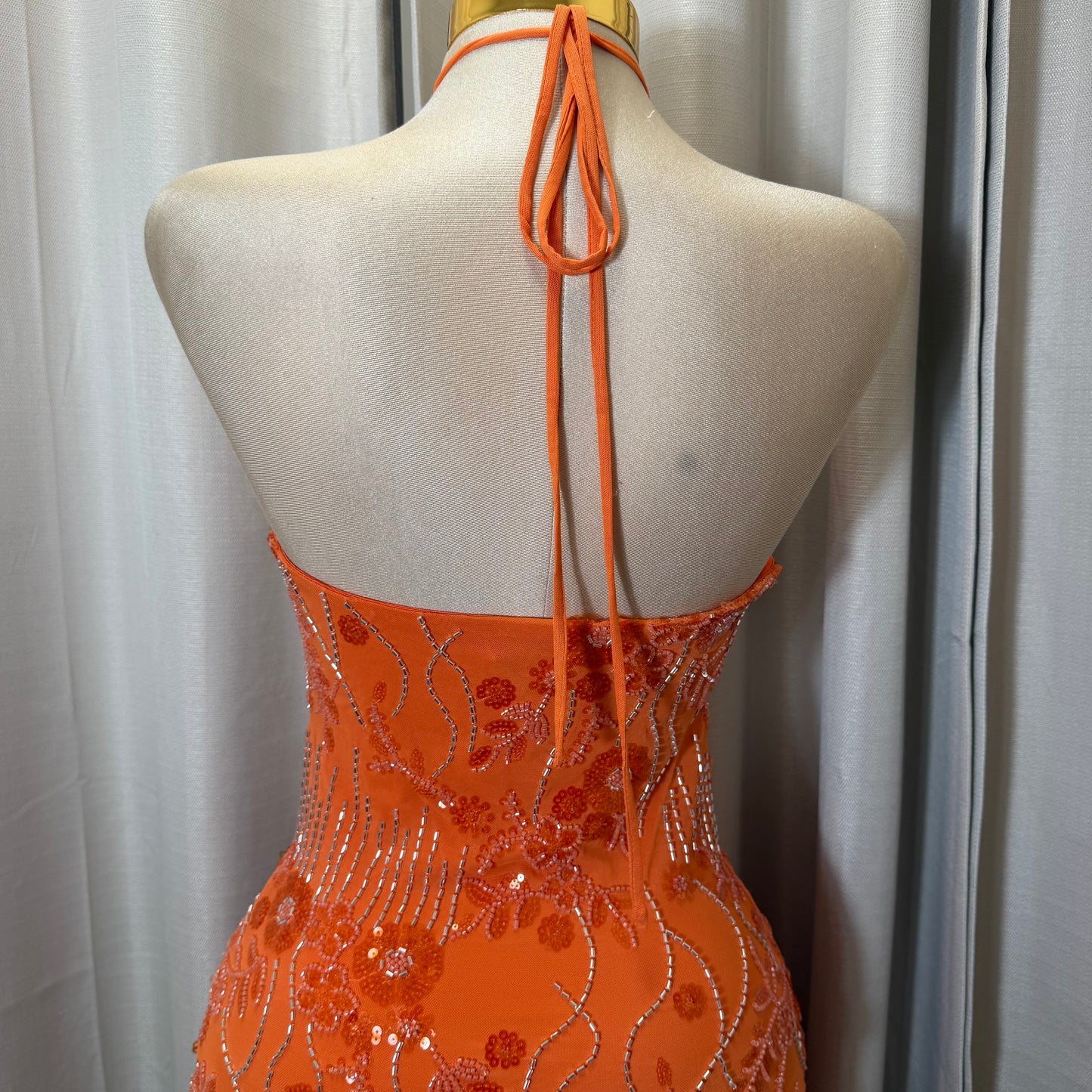 Halter Sequin Floral beaded Dress-Orange