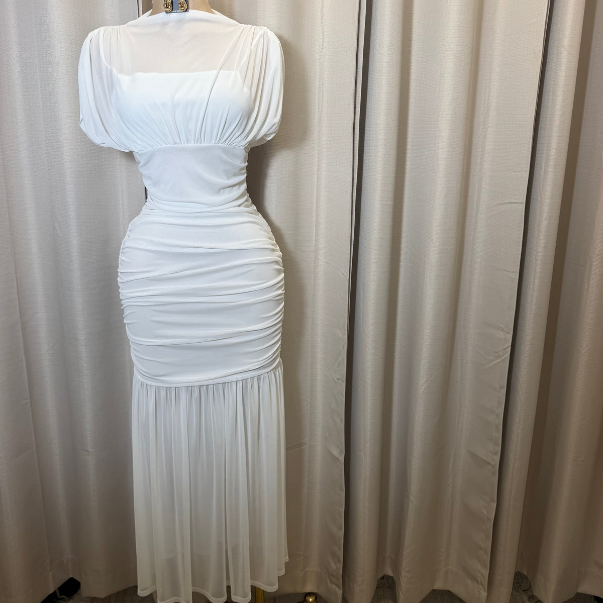 Mesh & Knit Mix Long Dress-White