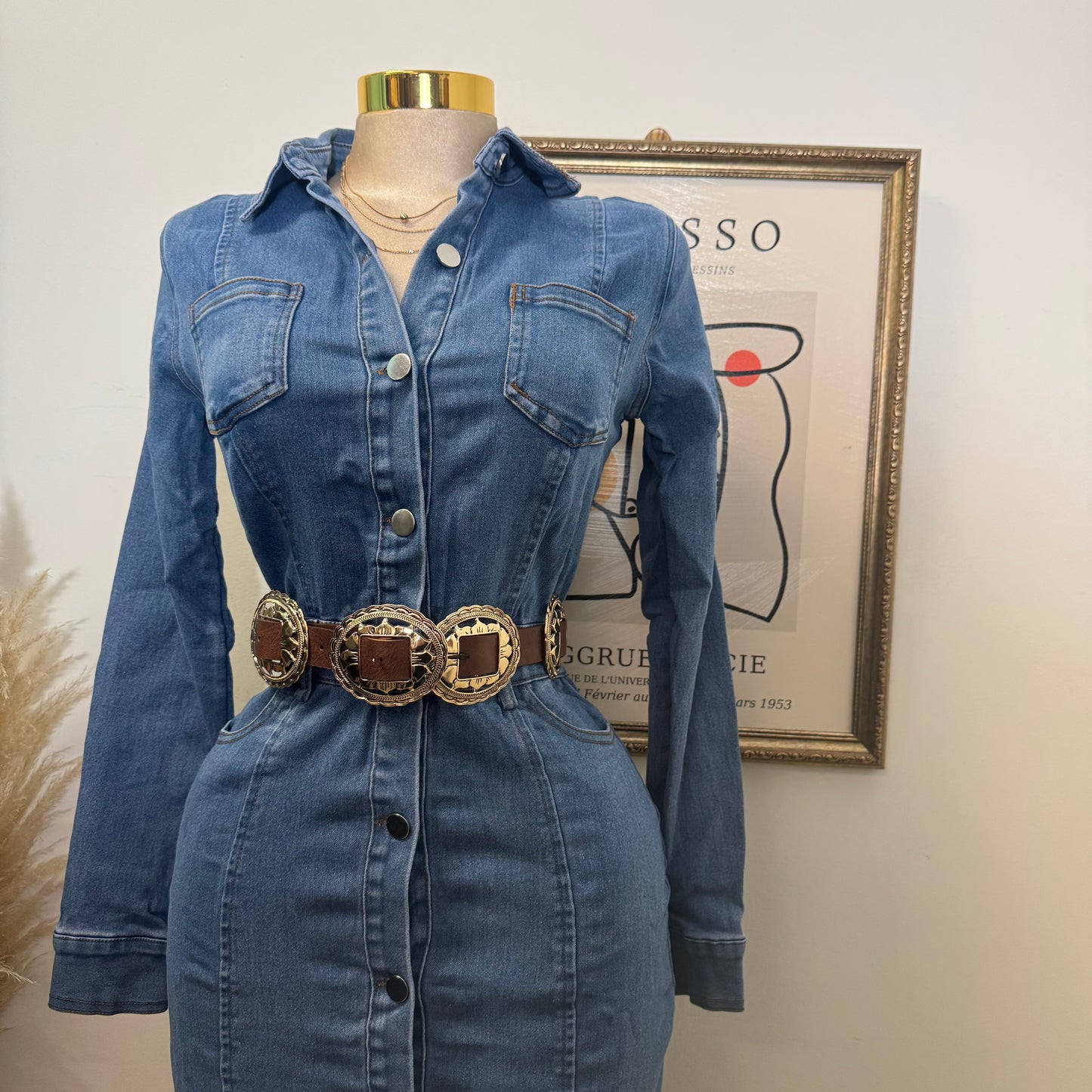 Denim Button Long Dress-Medium Wash